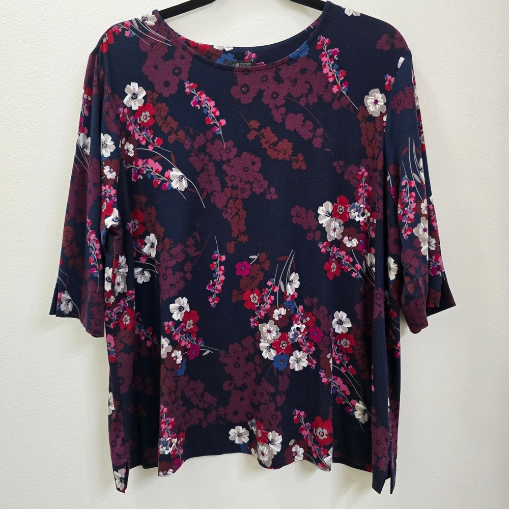 J. Jill Wearever Navy Floral 3/4 Sleeve Knit Tunic Top XL Rayon Spandex‎ Stretch